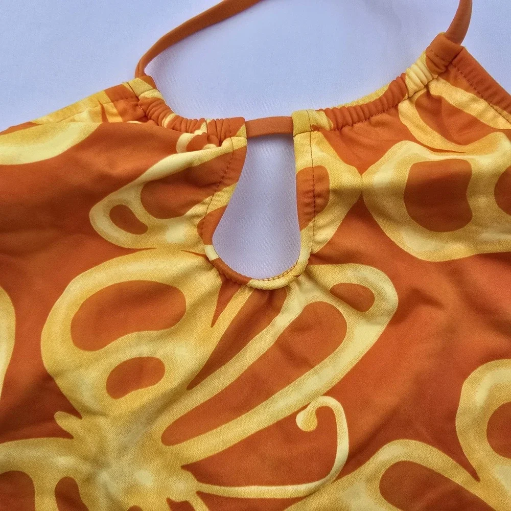 Venus Butterfly Print Tankini Swimsuit Set Womens L 14 Orange Yellow Halter Y2K